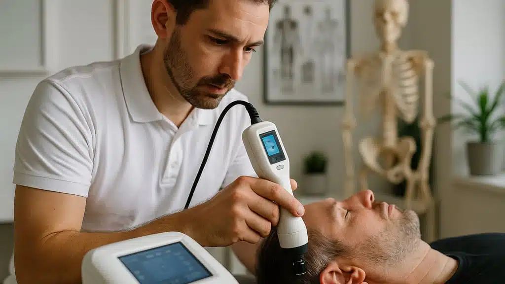 איש מקצוע מדגים טיפול אוסטאופתי למטופל בחדר קליניקה מודרני