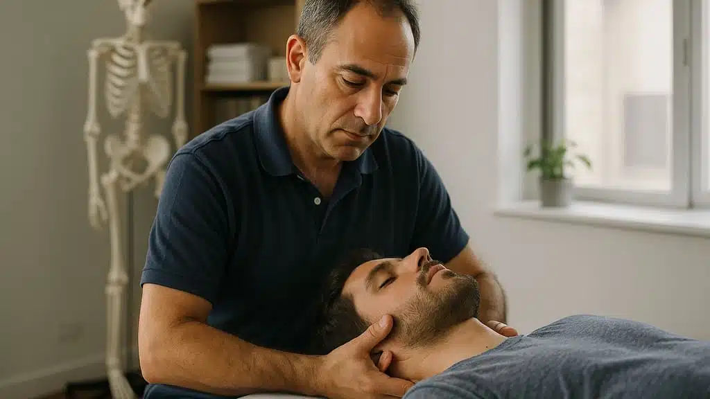 איש מקצוע מדגים טיפול אוסטאופתי על מטופל במרפאה בישראל