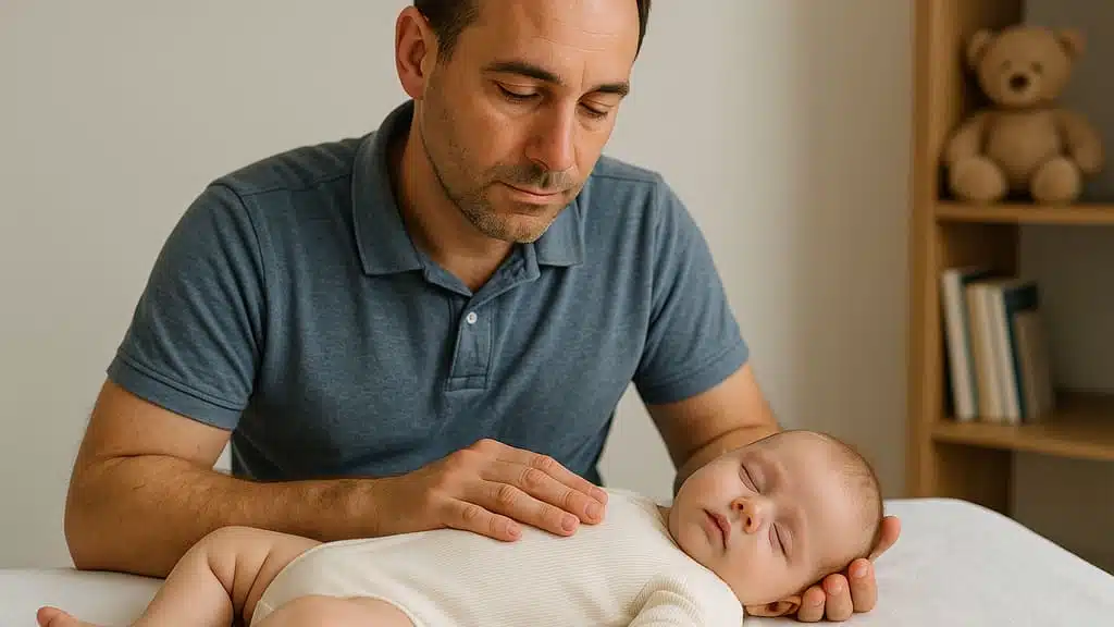 אישה בודקת ילד קטן בשכיבה על מיטת טיפול בחדר בהיר