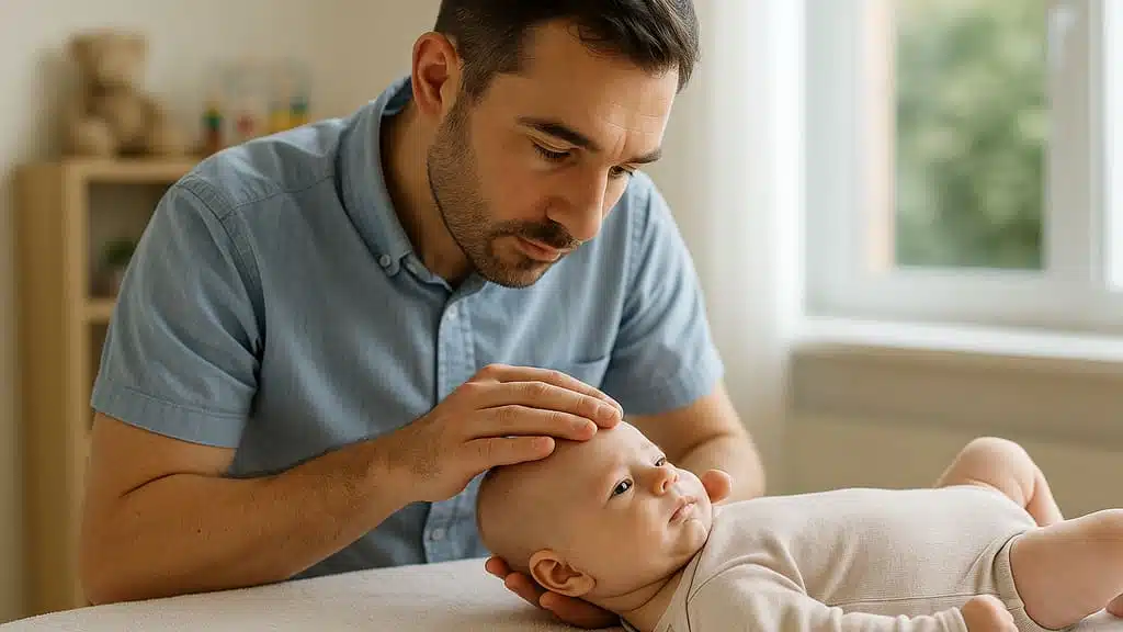 רופא בודק תינוק על מיטת טיפולים בחדר קליניקה מואר ונקי