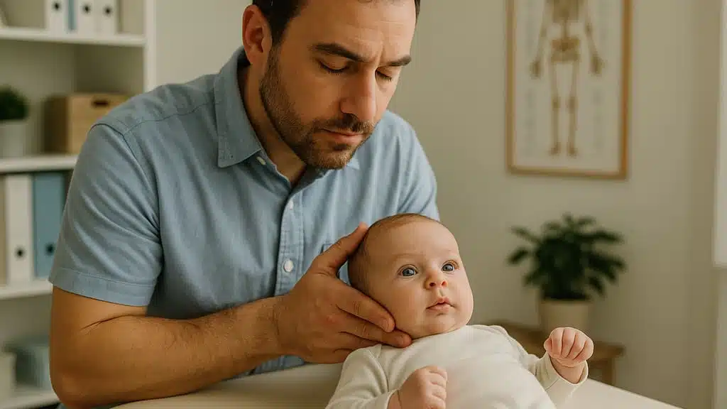אישה בודקת ילד קטן במרפאה, הילד יושב על מיטת בדיקה והרופא מחייך