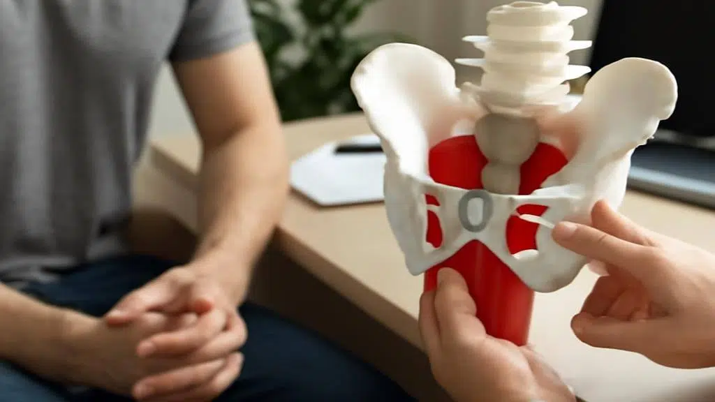 תמונה הממחישה אבחון וטיפול ברצפת האגן לגברים עם הבלטה של דרכי פעולה מומלצות